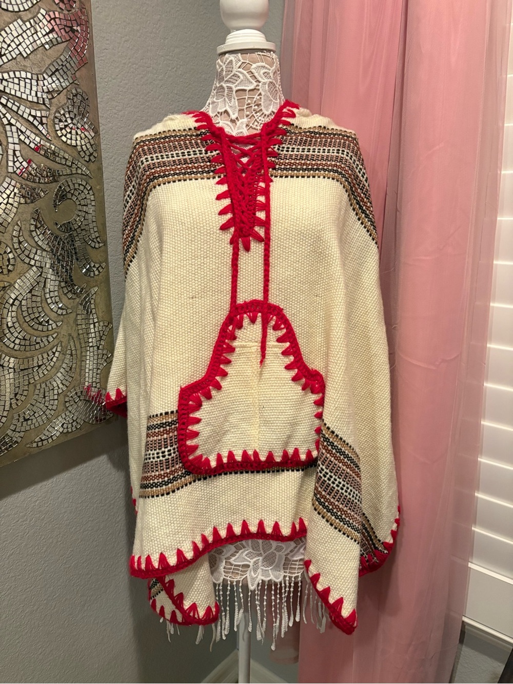 Vintage Cream and Red Knit Poncho Sweater